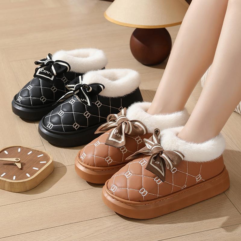 Baumwollschuhe Schleife PU wasserdichte Tasche und Haushalt Herbst und Winter Samt warm Indoor Zuhause Baumwollpantoffeln