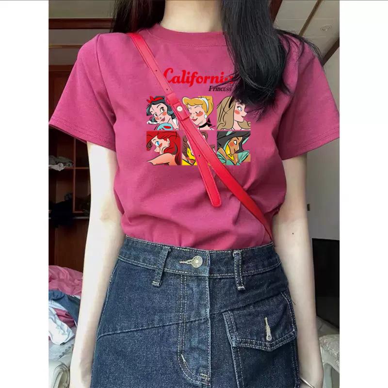 

Хлопковая футболка в корейском стиле ретро малинового цвета с прямыми плечами - Женский летний повседневный топ с коротким рукавом XXXL