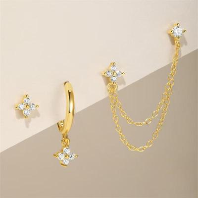 Ensemble de 3 Boucles d'Oreilles Clous Fleur Étoile Zirconium Acier Inoxydable Chaîne Plaqué Or 14K Boucle d'Oreille Piercing Cartilage Bijoux pour Femmes