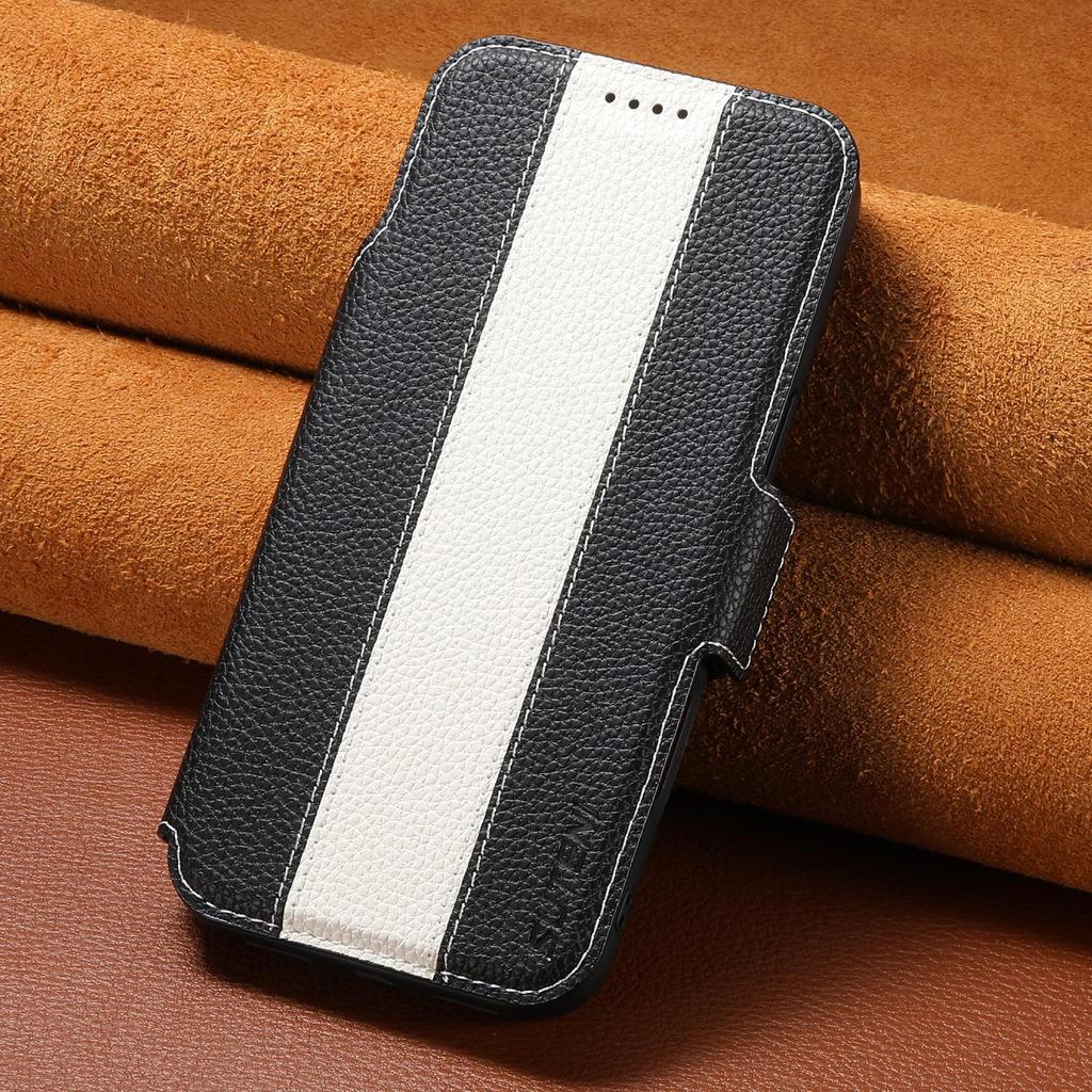 iPhone 17 Flip Case: Card Slot, Magnetic Snap, Wireless Charging Stand, Color Block Wallet, Leather