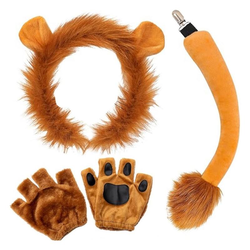 Animal Cosplay Costume for Kid Birthday Cosplay Party, Halloween Lion Dress up Costume, Lion Hairband, Tail, Bowtie