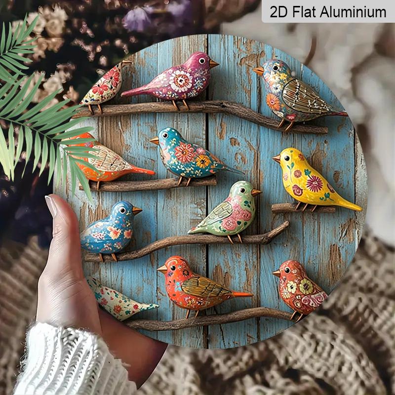 Plano 2D, 1 pieza Redondo de Aluminio Colorido Pájaro de Arte Popular Señal, Vintage Floral Pintado Pájaro Placa de Metal, Impermeable y a Prueba de Óxido, Perfecto para Casa de Campo
