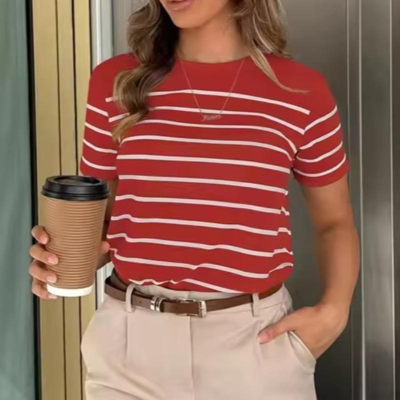 Women Striped Casual Versatile 3D T-Shirt Graphic Tees Round Neck Loose Classic Short Sleeve Vacation Entertainment Commuter Top