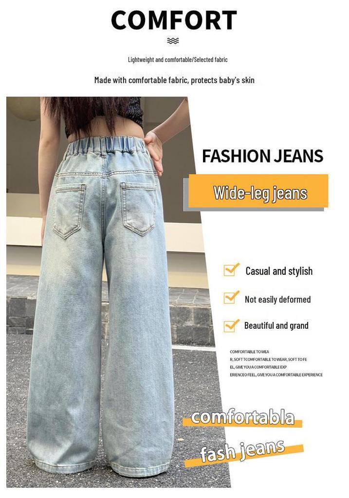 Girls' Retro Blue Graffiti Wide-Leg Jeans: Hand-Painted Loose-Fit Casual Pants