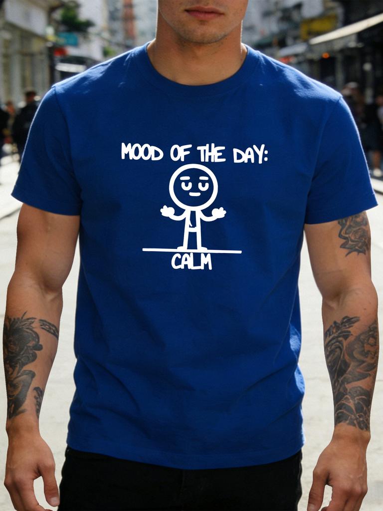 Unisex Navy Tee Calm Mood Stick Figure Graphic Print Short Sleeve Loose Casual Street Basic Top For Young Male Daily Wear Outfit