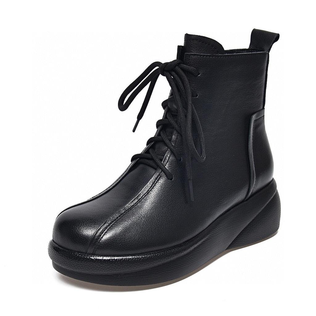 Dicksohlige runde Martin-Stiefel Herbst und Winter neue Retro Muffin und Riemen Kurzstiefel bequem erste Schicht Rindsleder Damenstiefel