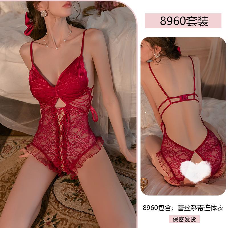 Exotic 2024 New Summer Fashion Women's Sexy Lace Pattern Pleated Skirt with Hollow Cross Pattern Open Back Tight Jumpsuit MRJV