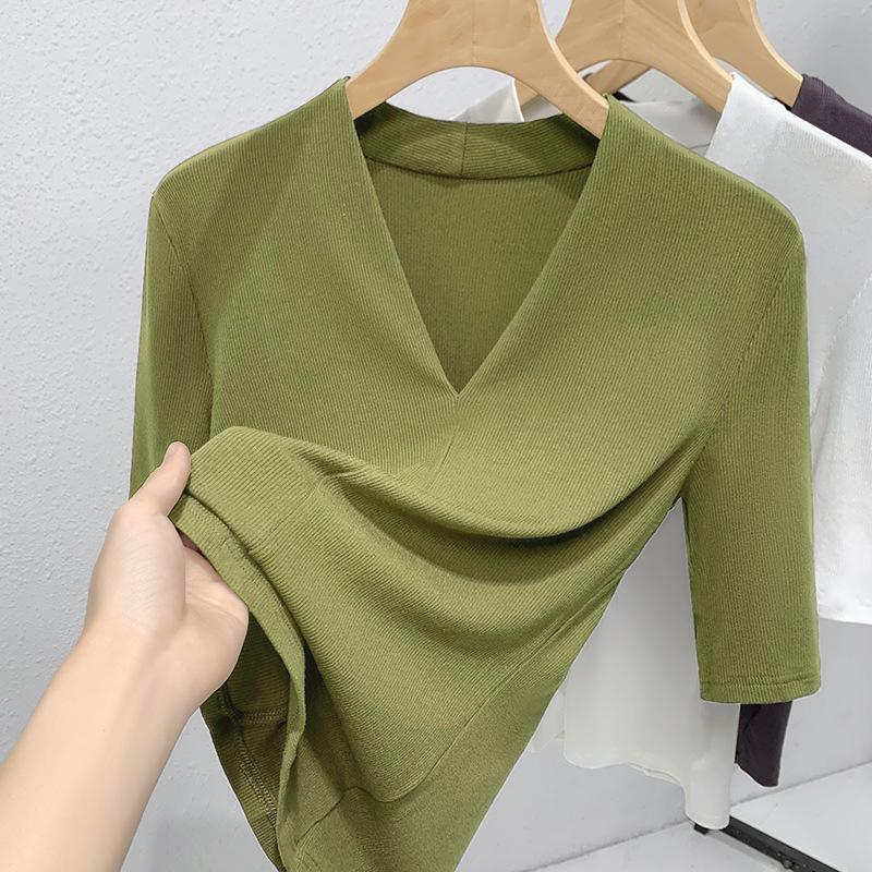 

Женская новая женская одежда стиль футболка с V-образным вырезом и короткими рукавами эластичный однотонный топ с утягивающей талией 3XL