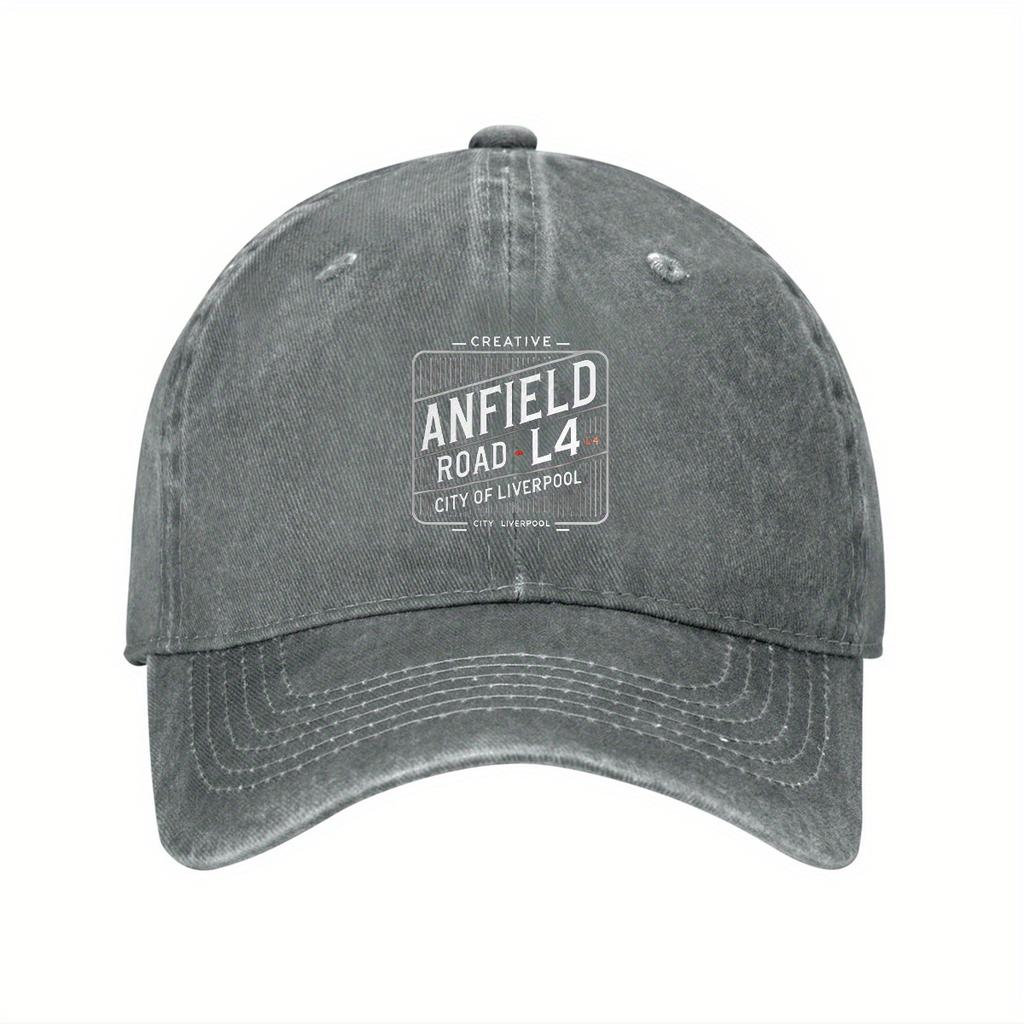 Verstellbare Baumwoll-Anfield-Baseballkappe Leichte Kappe mit gebogenem Schirm Dad Hat mit kreativem ANFIELD ROAD LAKE LIVERPOOL Aufdruck