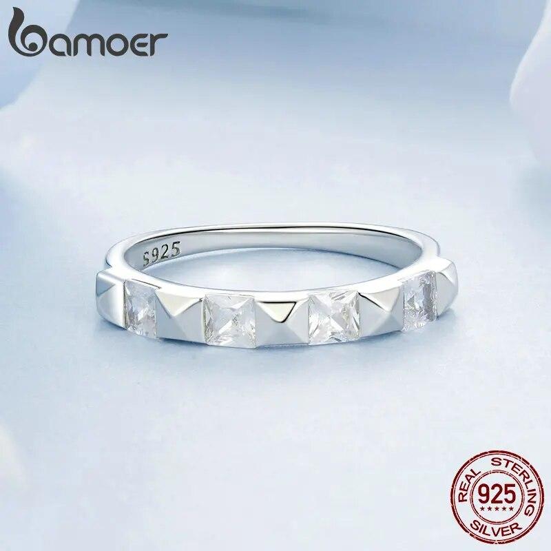 BAMOER 925 Sterling Silber Funkelnder Zirkon Stapelbarer Ring Nietenring für Frauen Party Alltag Edlen Schmuck Geschenk