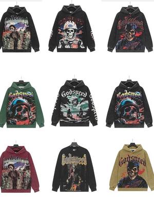 Godspeed 25ss Retro Mosott Tiszta Pamut Amerikai Hip Hop Kapucnis Pulóver (Őszi/téli kollekció)