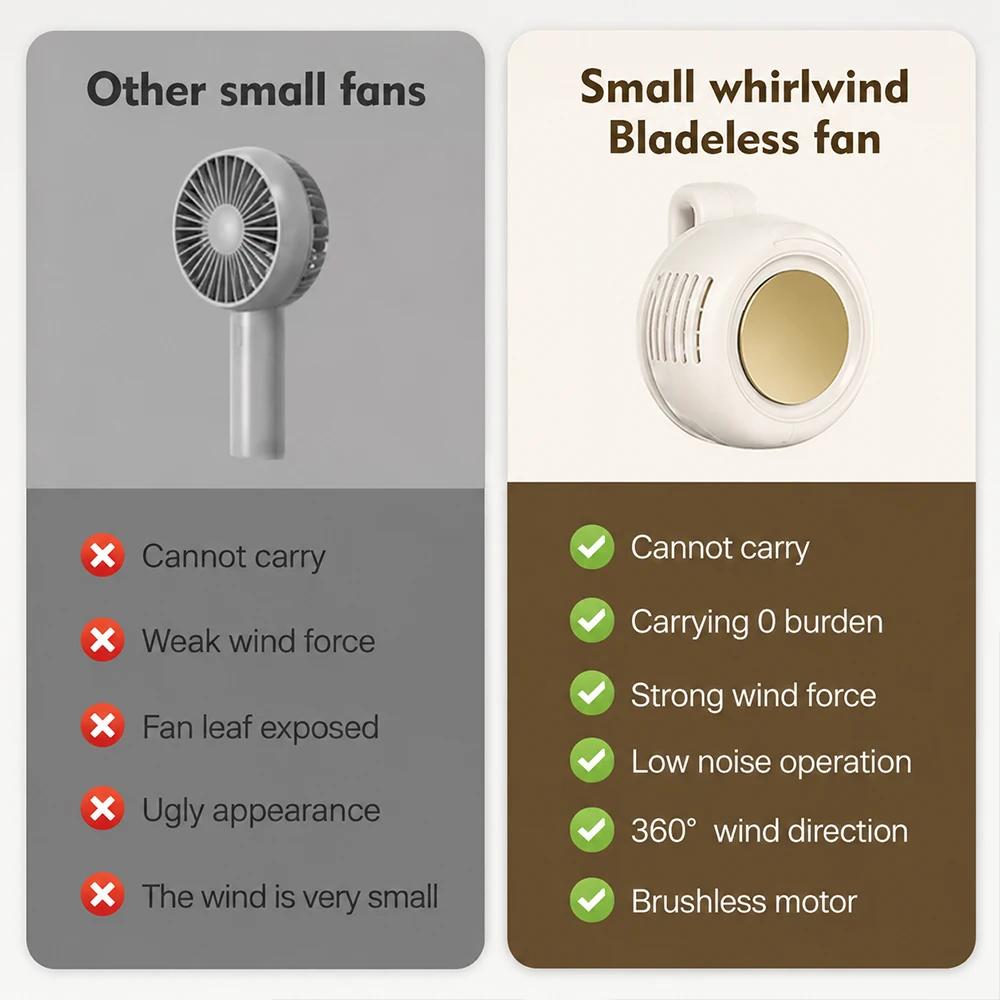 Mini Whirlwind Leafless Fan 3-Speed Silent Strong Wind USB Rechargeable Handsfree Waist Clip Handheld for Outdoor Travel Hiking