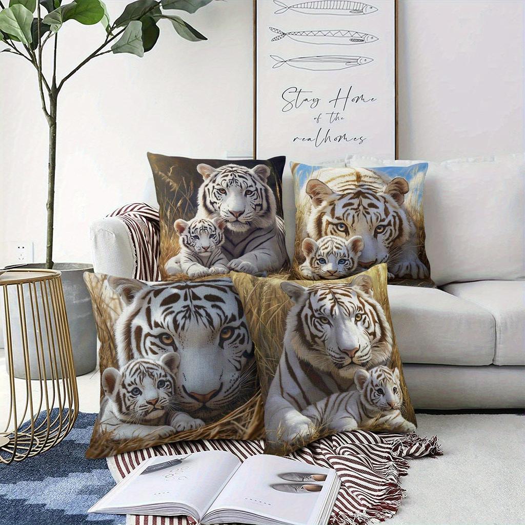 Realistic White Tiger Family Throw Pillow Covers, Tiger With Cub Print Cushion Cases, Safari Wildlife Home Decor For Living Room