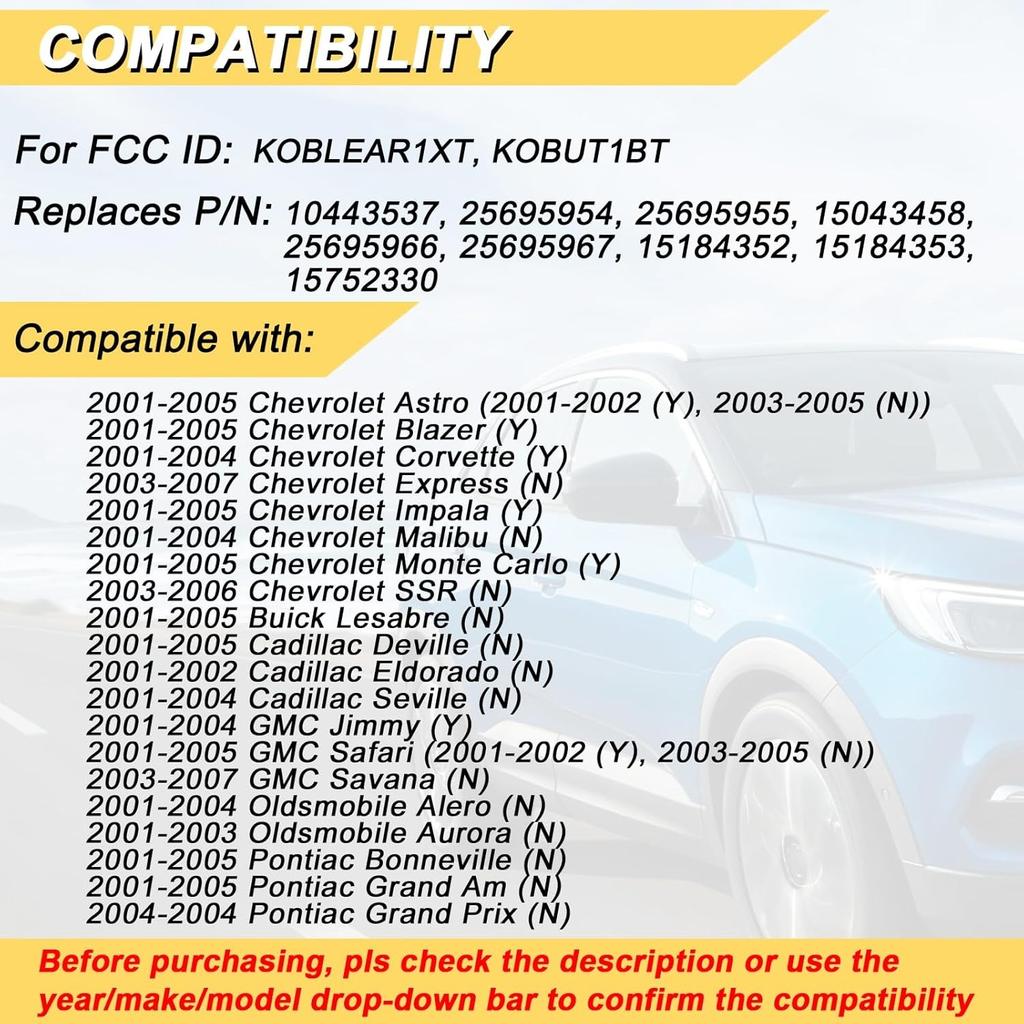 Key Fob for 01-05 Chevy Impala Monte Carlo GMC Safari Savana/Buick Cadillac Pontiac Car Keyless Entry Remote Control, KOBLEAR1XT KOBUT1BT, 4 Buttons