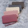 Pink Faux Leather Long Zipper Wallet for Women with Wrist Strap, Casual Style, Large Capacity, Multi-Card Slots, ID Card Holder