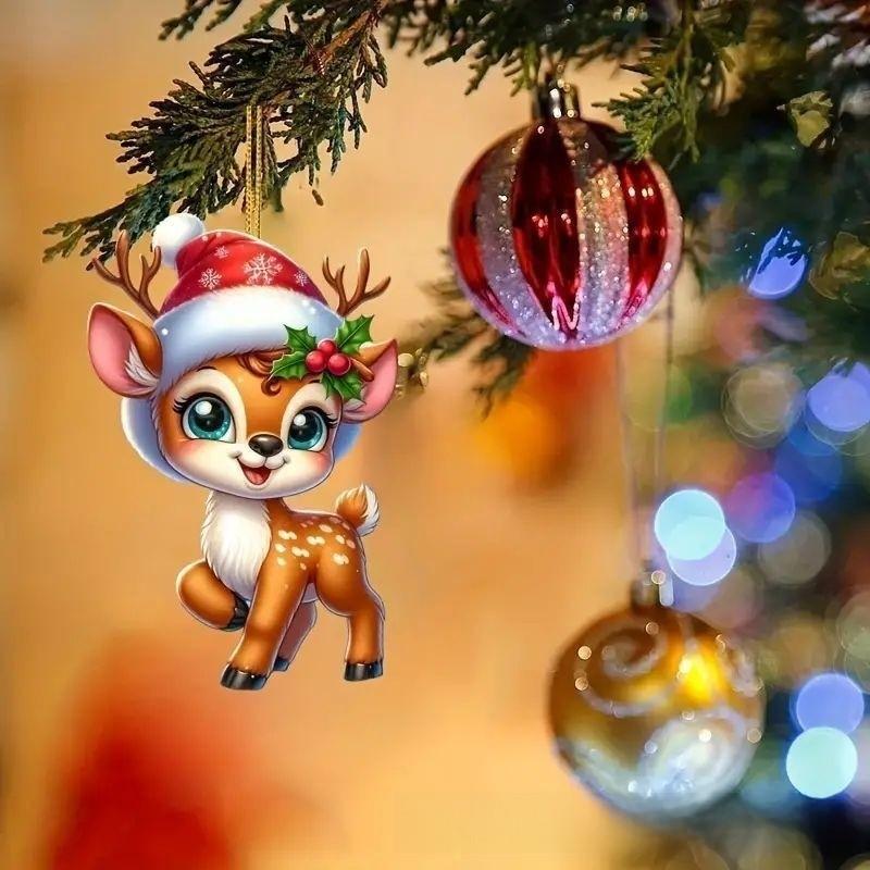 Christmas Acrylic Car Ornament With Deer Tree Motif Rearview Decoration Mirror