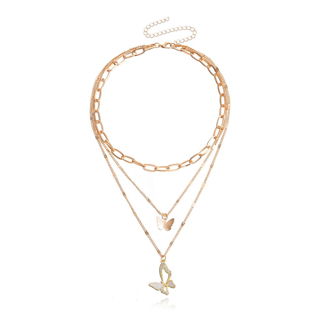 Fantastic light luxury trend multi-layer back chain micro-diamond fritillary butterfly pendant necklace