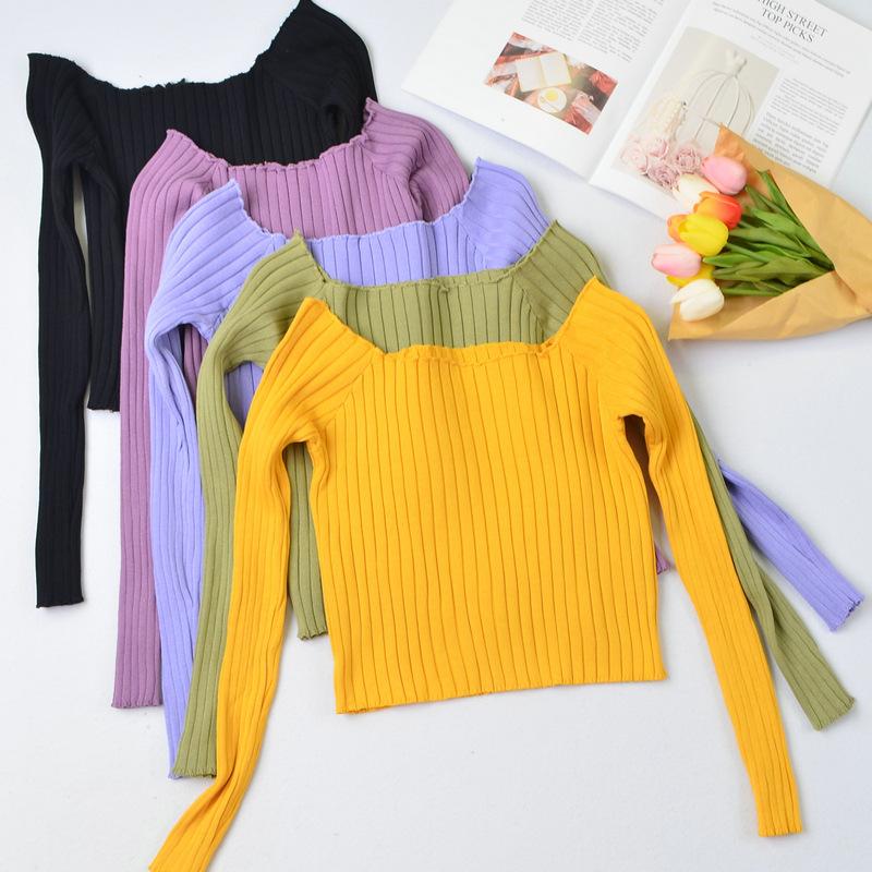 Autumn New Slim Fit Slimming One Shoulder T-shirt for Women Short Knit Sweater, Long Sleeved Top Sweaters