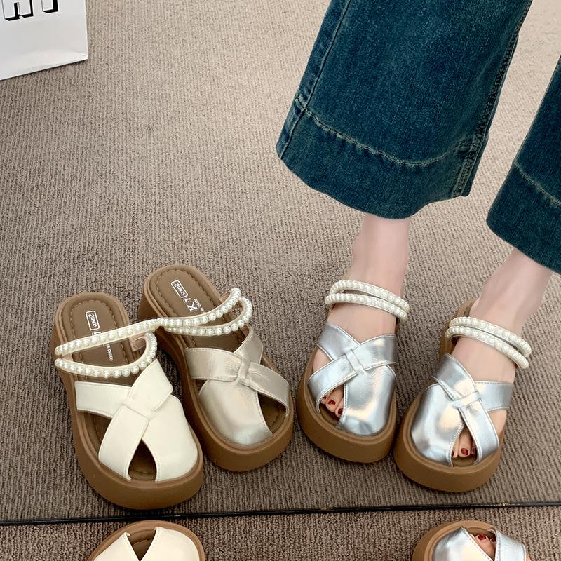 High-end Silver Two-wear Hollow Bag Head Half Slippers Women's 2025 Summer Wear with Skirt Pearl One-pedal Slippers