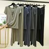 Damen Sommer Modal Schlafanzug Sets Übergröße M bis 6XL Krawattenhals Kurzarm T-Shirt und Kordelzug Hoher Bund Langer Rock Lässige Mode 2-teiliges Set