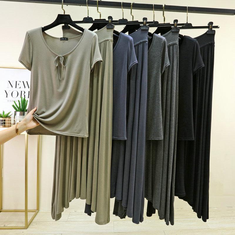 Damen Sommer Modal Schlafanzug Sets Übergröße M bis 6XL Krawattenhals Kurzarm T-Shirt und Kordelzug Hoher Bund Langer Rock Lässige Mode 2-teiliges Set