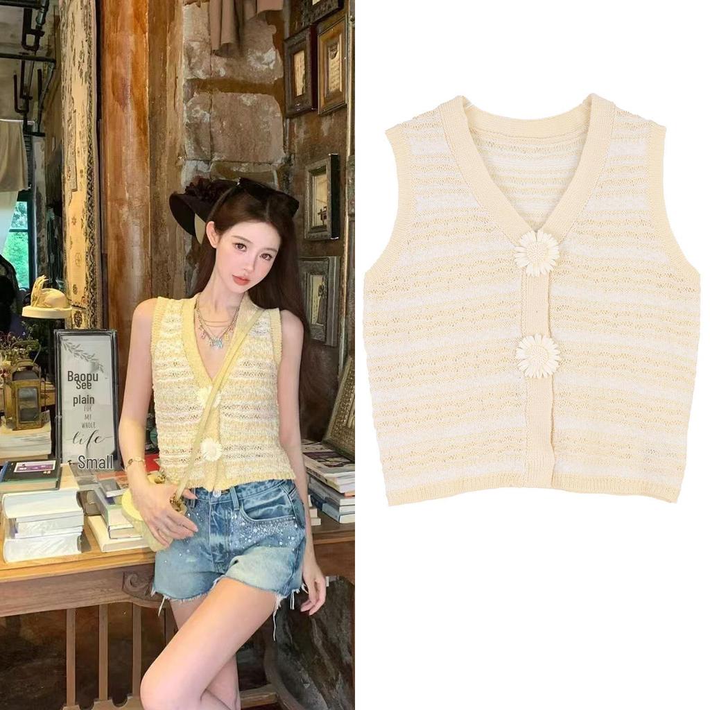 French V-Neck Slim Fit Cardigan - Floral Button, Sleeveless Knitwear for Spring/Summer