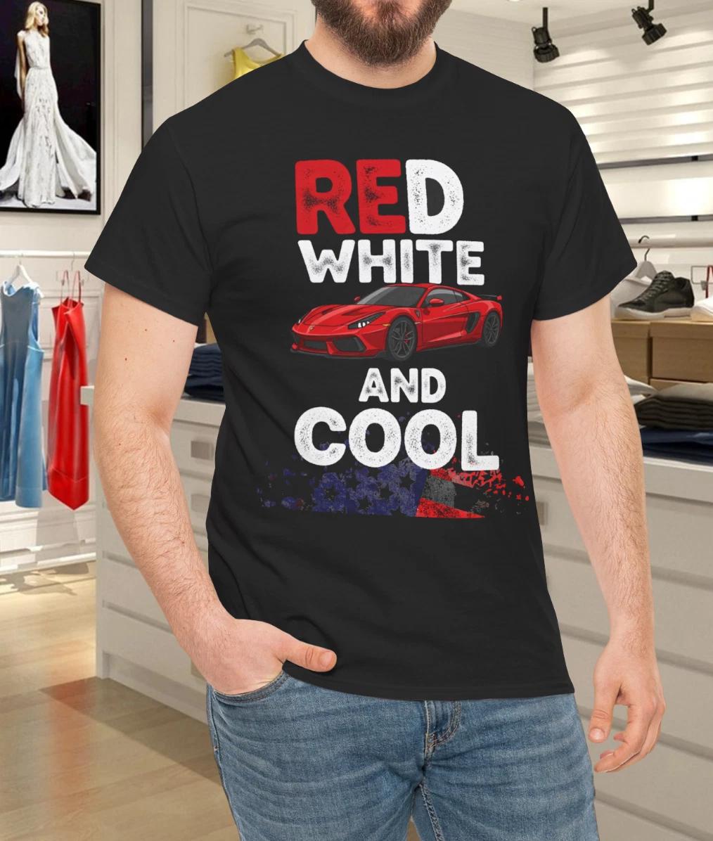 Mopar Red White and Cool Sports Car American Flag Patriotic Graphic T-Shirt 2XL