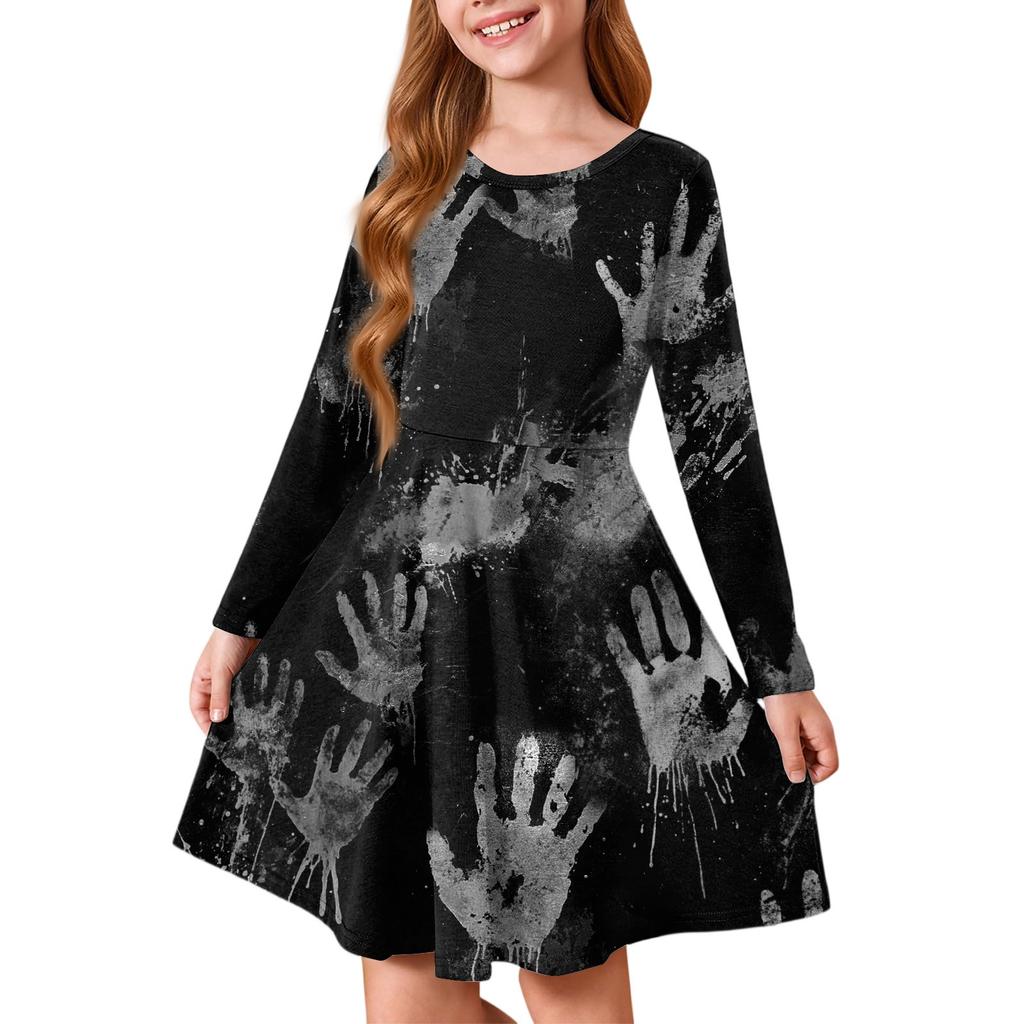 Girls' Summer Princess Dress Halloween Day- Long Sleeve A-Line T-Shirt Dress