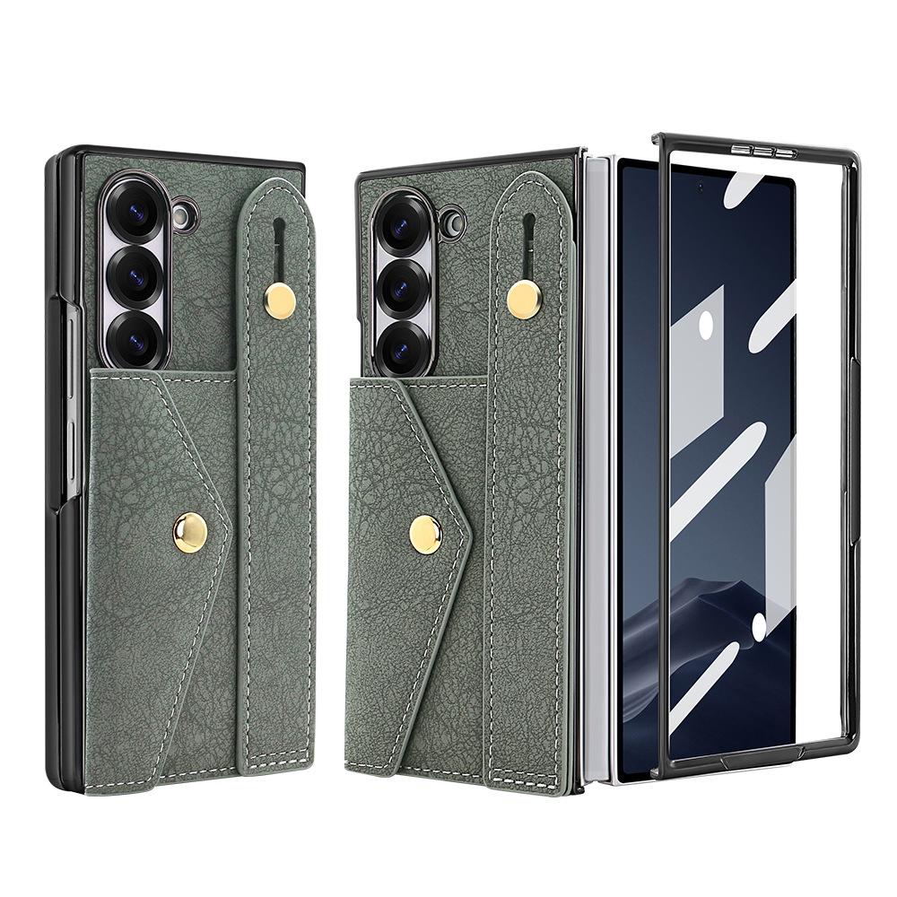 Card Bag PU Leather Integrated Case and Screen Protector Phone Case with Wrist Strap for Samsung Z Fold 7 6 5 4