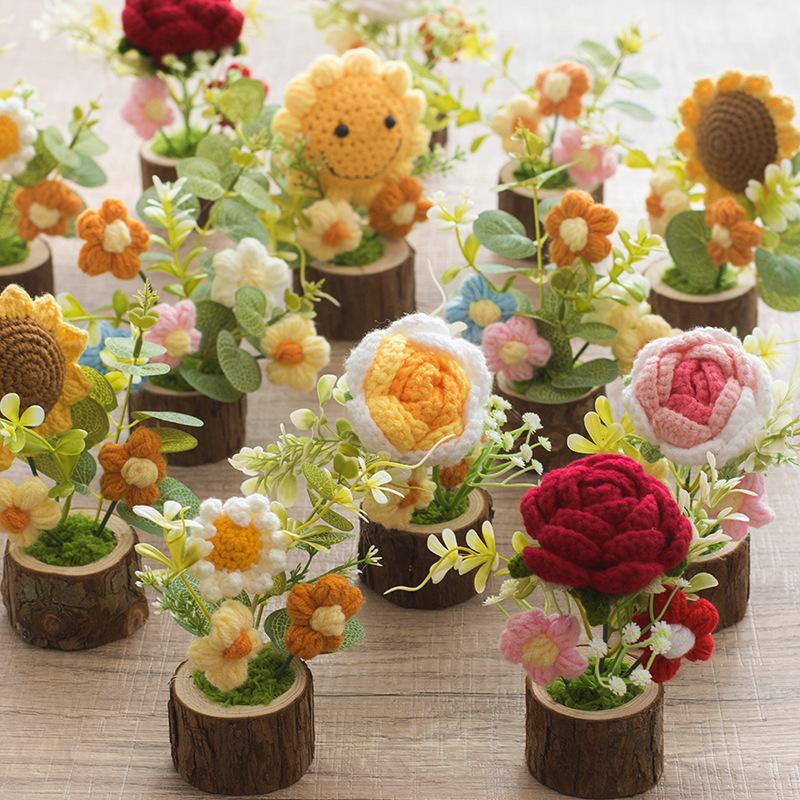 Hand-woven Crochet Flowers Potted Artificial Flower Table Decor Wedding Gift Photography Props Kintted Plant