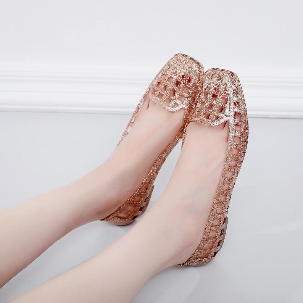 Korean-Style Square Toe Low-Cut Transparent Slip-On Women's Sandals