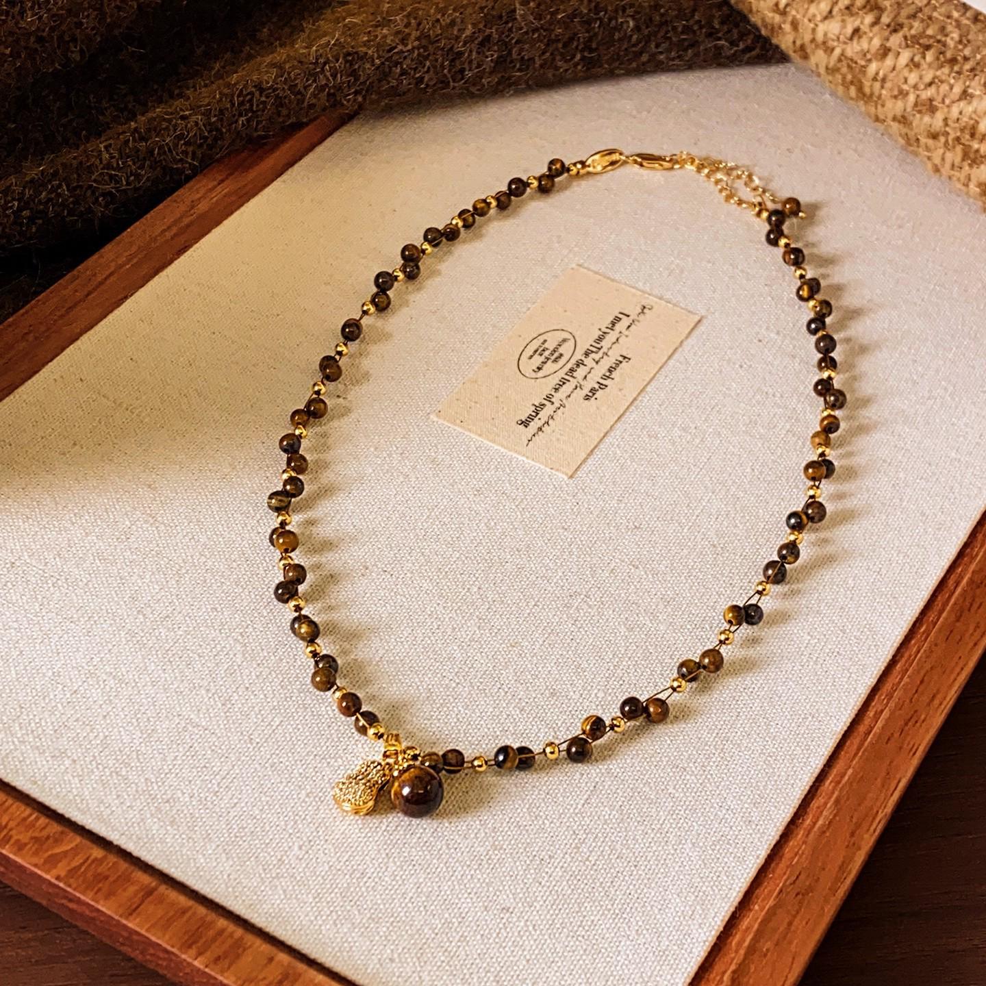 French Peanut Tiger Eye Bead Necklace: Elegant & Exquisite Clavicle Chain for Women