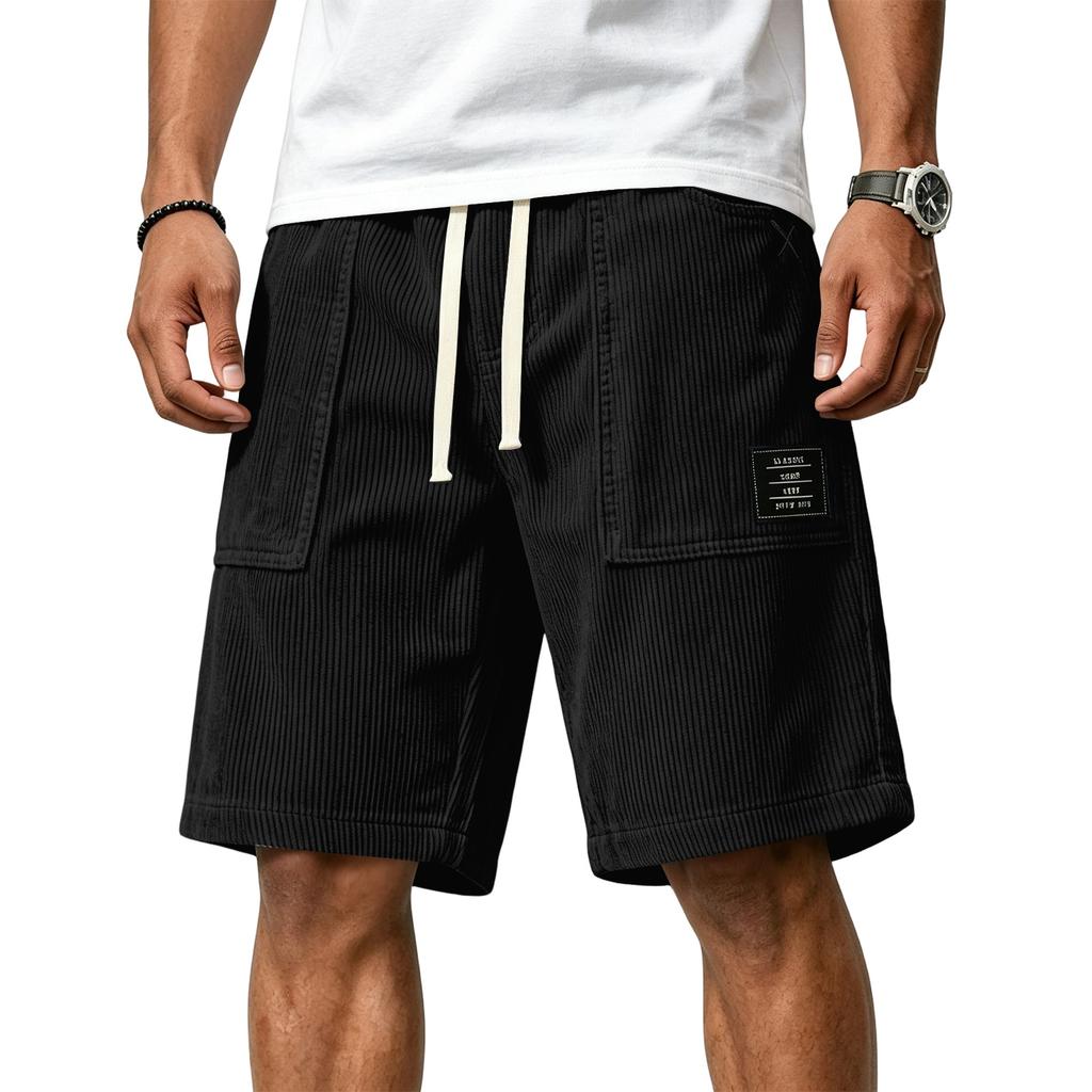 Men's Casual Corduroy Drawstring Shorts with Front Patch Pockets and Elastic Waistband Suitable for Everyday Wear and Outdoor Activities