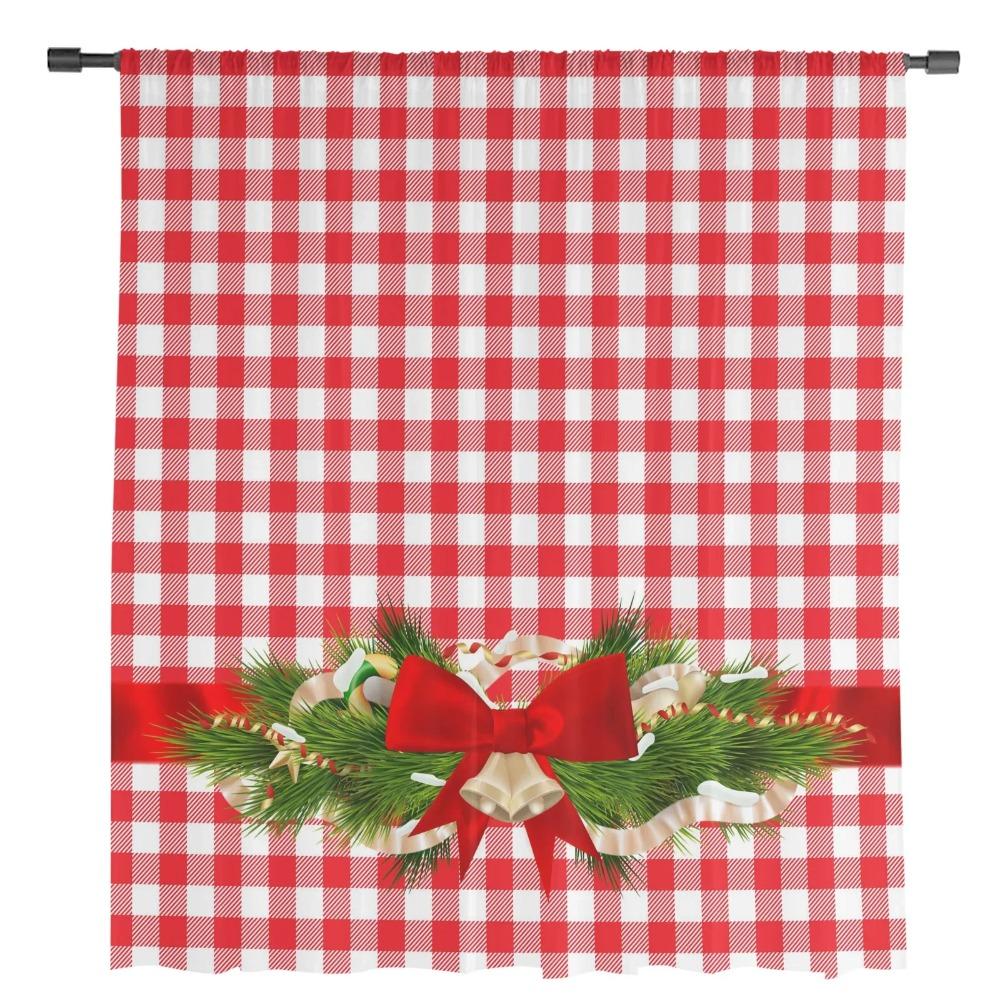Christmas Red Plaid Bow Yarn Curtain Window Tulle Drapes For Living Room Cooking Area Sheer Window Treatments Voile Drapes