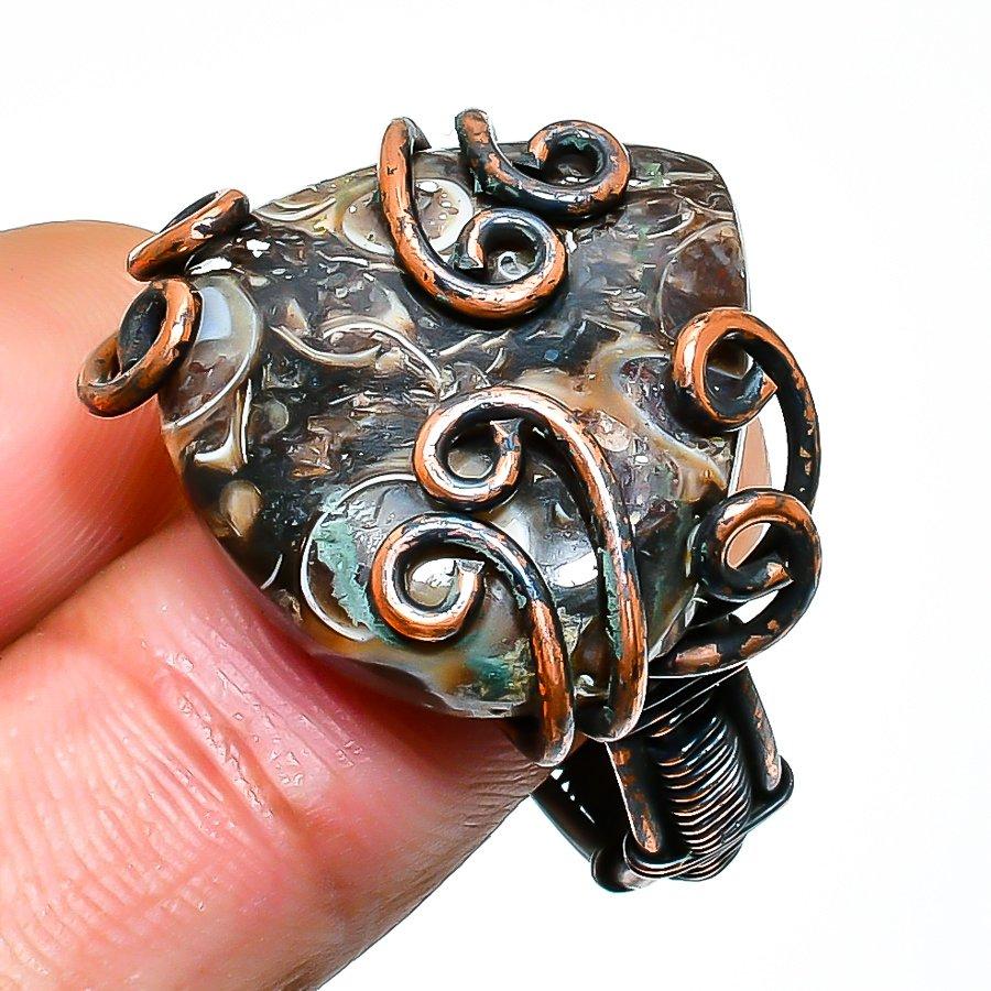 

Turritella Fossil Gemstone Handmade Copper Wire Wrap Jewelry Ring Size 8.5