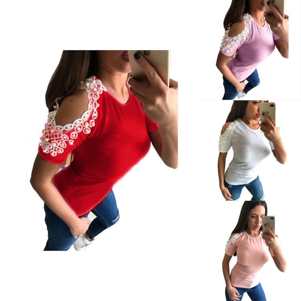 Trendy Women Short Sleeve Off Shoulder Lace Splice Blouse With Comfortable Fit