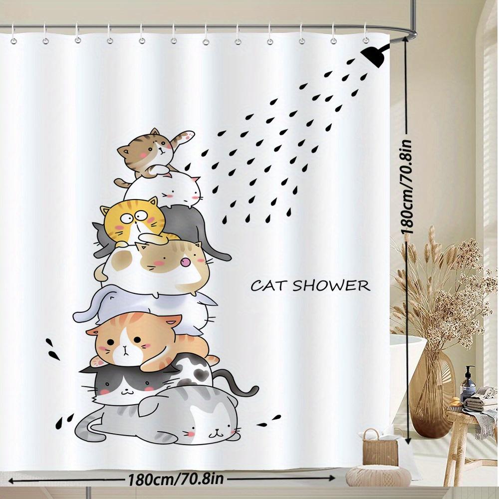 Whimsical Cat Tower Shower Curtain Stacked Cute Cats + “CAT SHOWER” Text, Water Droplets, 12 Hooks, 70.87×70.87 inch, Polyester