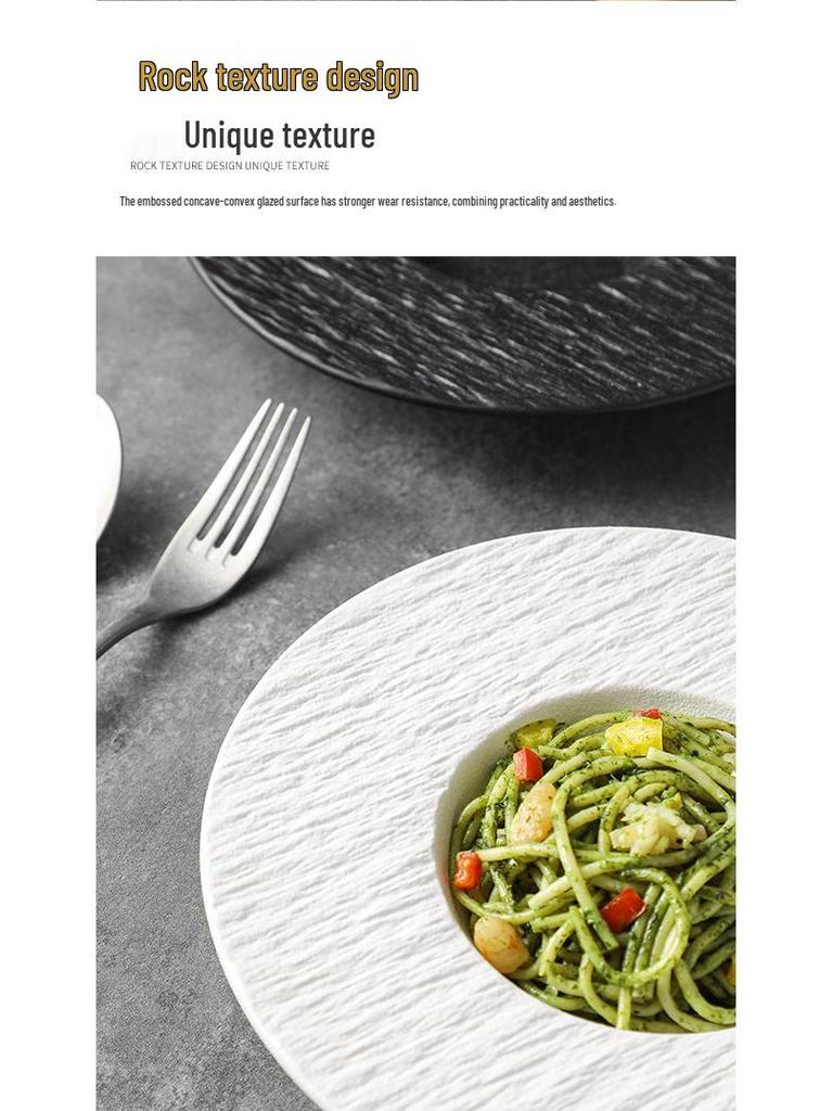 Rock Texture Ceramic Plate – Western & Japanese Style for Pasta, Salad, Soup, and More