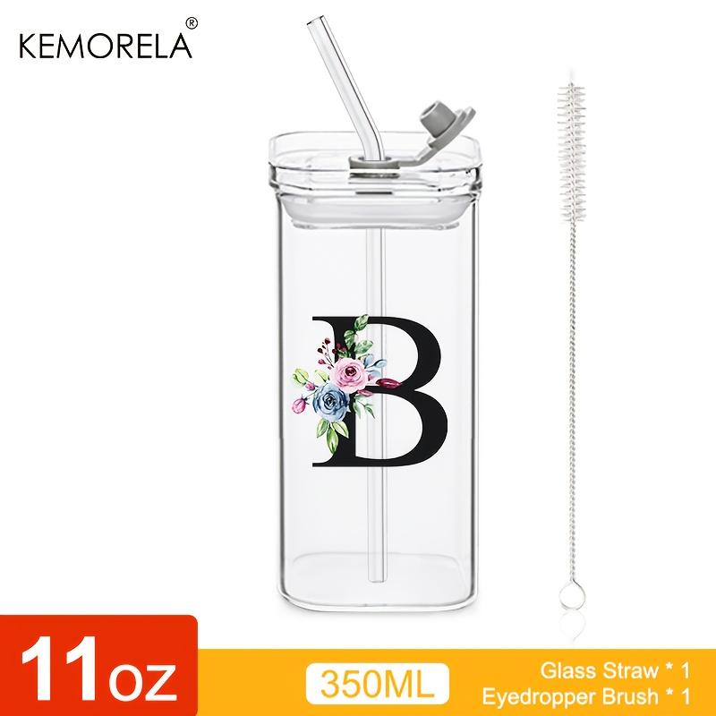 1 STÜCK 24 Buchstabenförmige Glastrinkbecher mit Deckel und Strohhalm Kaffeebecher 300ML Klarer quadratischer Trinkbecher für Kaffee Bier Milch