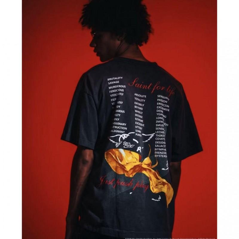 SAINT Mx6 Collab SS26 Anime Character Letter Print Distressed Cotton Tee Unisex Streetwear