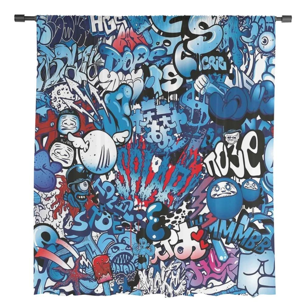 Blue Explosion Punk Graffiti Sheer Curtains for Living Room Decoration Tulle Voile Organza Window Curtains for Kitchen Bedroom