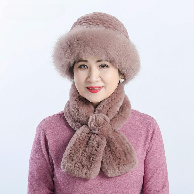 Fur Hat Female Winter Warm Rex Rabbit Hair Old Lady In The Elderly Mother Grandma Thickened Warm Hat Scarf
