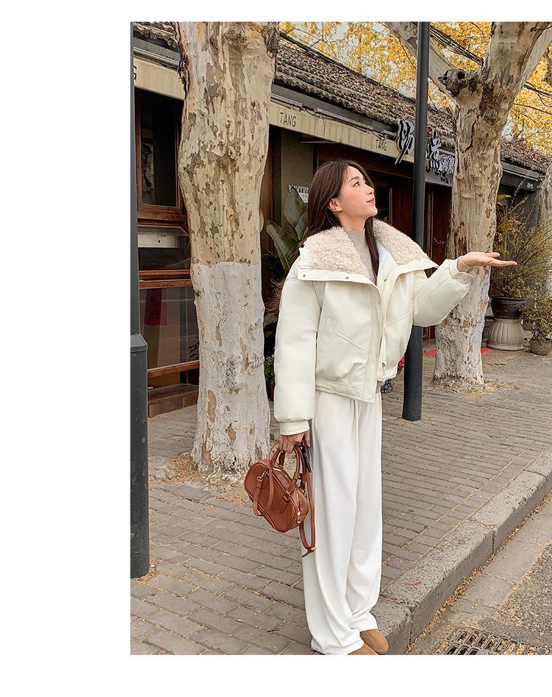 Short Lamb Wool Lapel PU Jacket