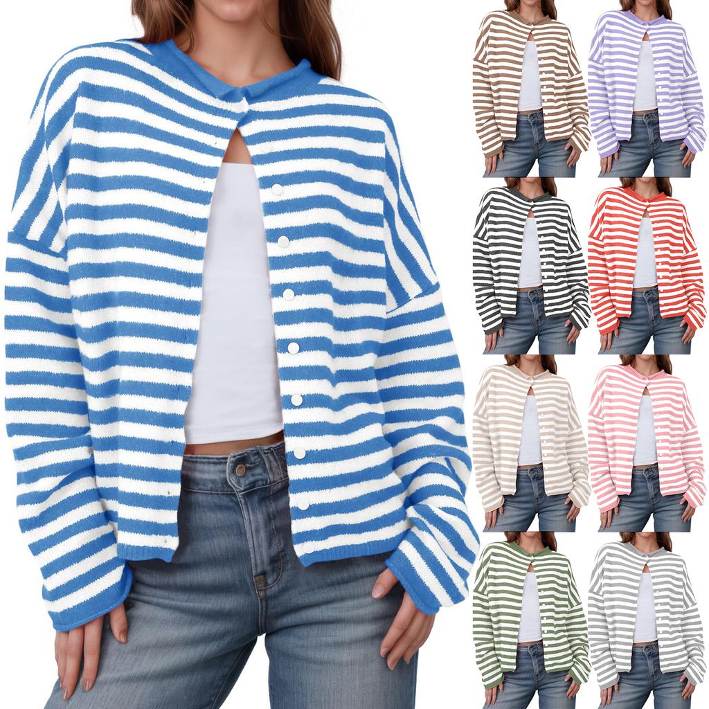 Womens Striped Cardigan Casual Long Sleeve Open Front Button Down Loose Knit