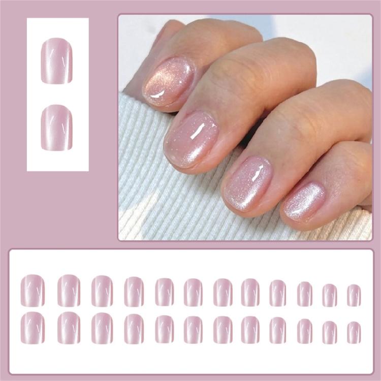 Press on Nail Short Square Fake Nail with Cats Eye Designs Glitters Glues on Nail Glossy False Nail Artificial Nail