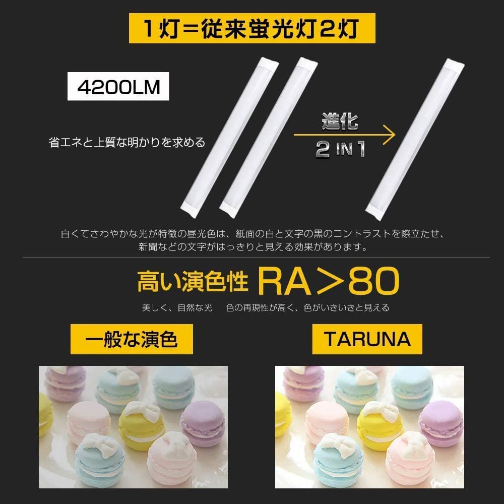 TARUNA LED Fluorescent Lamp, 60W Equivalent, LED Base Light, Power Consumption 36W, Daylight White 6500K, 120cm, Slim Design, Home Lighting Fixture