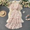 Women's V Neck Floral Chiffon Maxi Dress High Waist A-Line Casual Dress for Summer Vacation