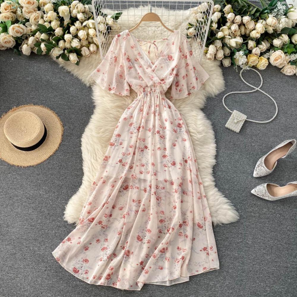 Women's V Neck Floral Chiffon Maxi Dress High Waist A-Line Casual Dress for Summer Vacation