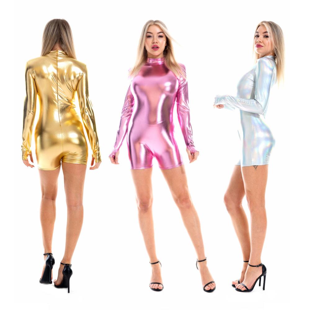 Women's  Long Sleeve Tracksuit Trousers Sexy Shiny Bodysuits Jumpsuit for Party Club