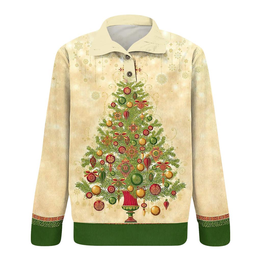 Men's Christmas Cotton Pullover Long Sleeve Outdoor Shirt Vintage Corduroy Button Stand Collar Shirt Casual Sweatshirt Christmas Print Top